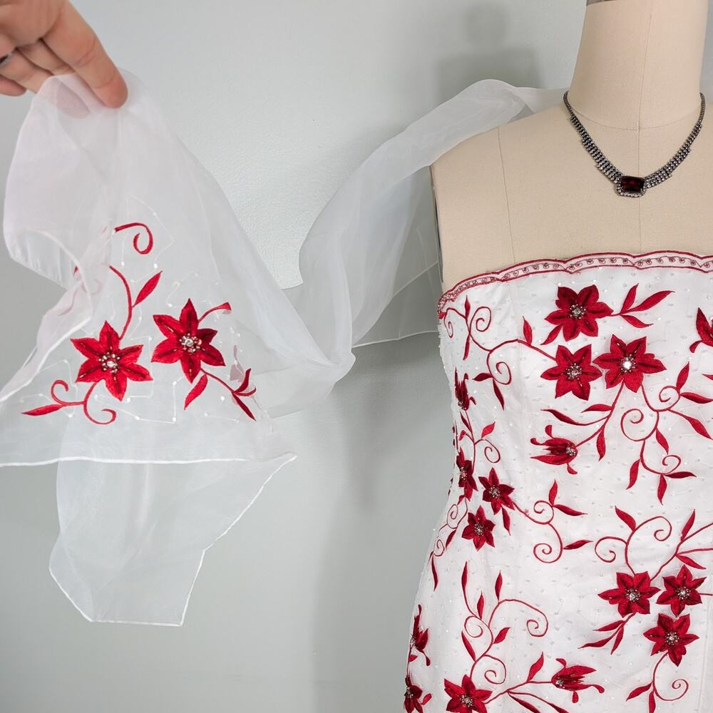 Vintage Cache Prom Dress Maxi Gown 10 White Red Floral Y2K Wedding Bride Glam - Picture 2 of 16